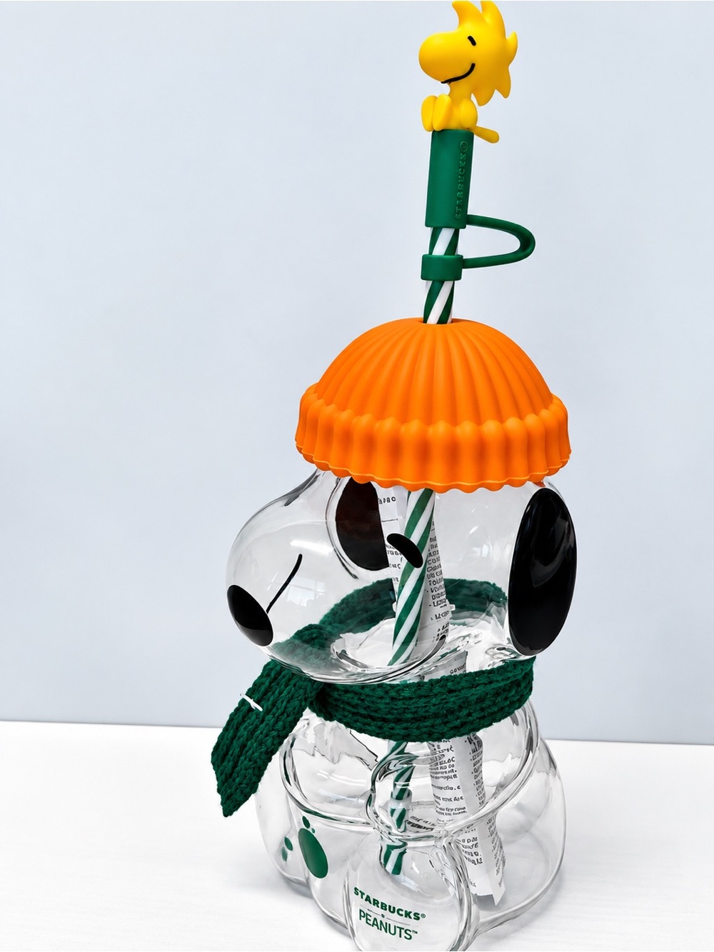 Starbucks Snoopy Clear Cup with Orange Hat and Green Accents